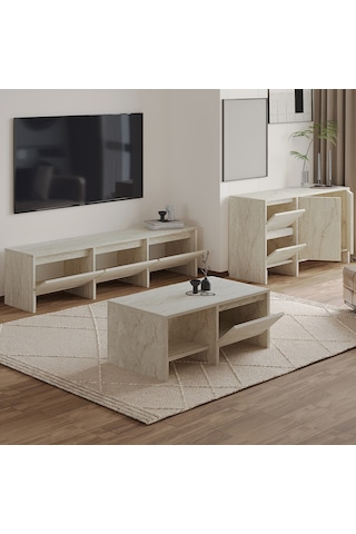 Laris Üçlü Set Tv Sehpası, Konsol Ve Orta Sehpa İle Modern Yaşam Alanları İçin Takım Traverten