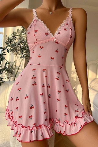 Bella Notte Romantik Pembe Kiraz Baskılı Askılı Tanga Ve Gecelik