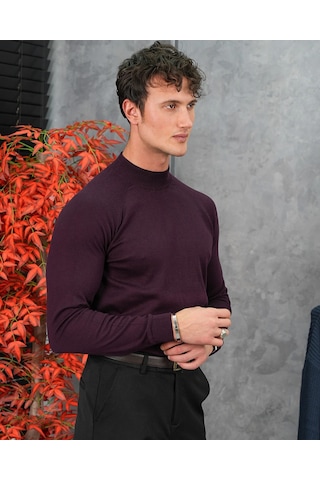 Modefendi Slimfit Kalıp Pamuklu Triko Yarım Balıkçı Triko Kazak Mürdüm