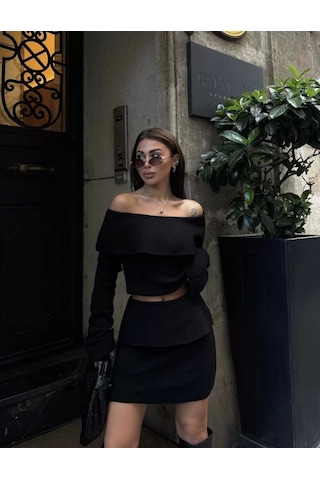 Straplez , Madonna , Carmen Yaka Croplu Mini Etekli İkili Takım Triko - Siyah Siyah