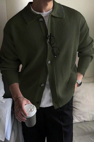 Serablanka Erkek Polo Yaka Oversize Triko Hırka Haki