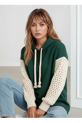 Mamayaga Kadın Kolları Örgü Triko Şık Tasarım Oversize Tunik Boy Zümrüt Yeşili Sweatshirt Kazak Yeşil