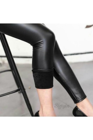 Kadın Siyah Içi Şardonlu Kışlık Suni Deri Peluşlu Tayt SiYAH