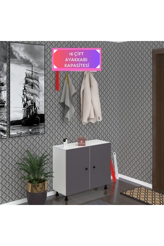 Kenzlife Ayakkabılık Galoş4 Gribyz 53 080 32 Kapaklı 4 Raflı 16 Çift Ayakkabı Kapasitesi Ahşap