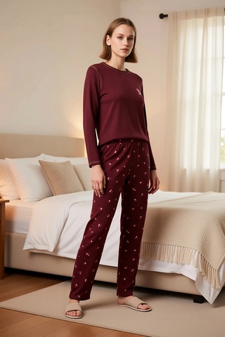 Benerly Kadın Uzun Kollu Kayık Yaka Regular Kalıp Waffle Örme Pijama Takı bordo