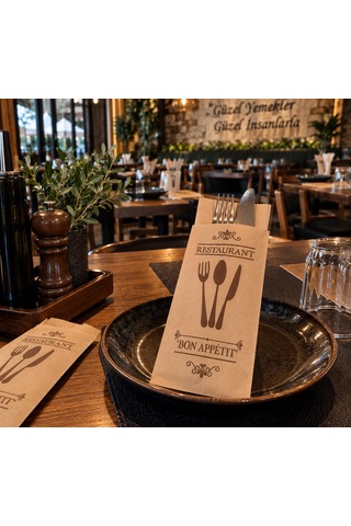 Şamua Kağıt Çatal Bıçak Kılıfı 250 Adet Kahverengi Baskılı Restoran Cafe Kaşıklık Servis Kılıfı