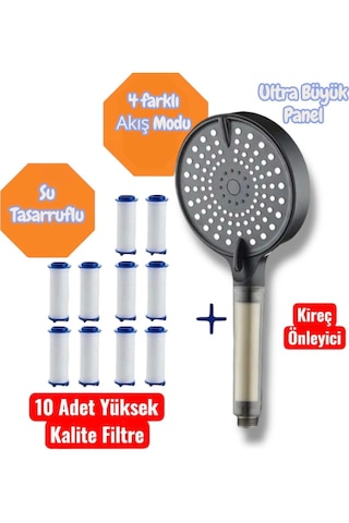 10 Adet Yedek Filtreli Duş Başlığı Su Tasarruflu Kireç Önleyici Özellikli Tayzikli Su Modu Siyah