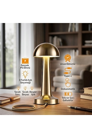 Noas Atina Yl86-1231 Oval Metal Mantar Masa Lambası - Dokunmatik Renkli, Type-c Şarjlı, 3 Fonksiyonlu