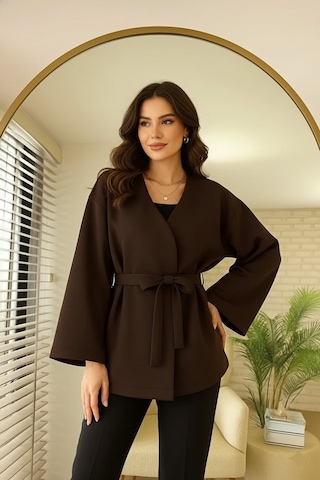 Unika Boutique Kadın Yeni Sezon Kuşaklı Scuba Ceket Kimono Tunik Oversize Trend Rahat Modern Tesettüre Uygun Kahverengi