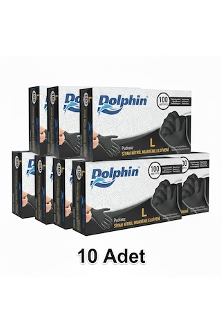 Dolphin L Beden, 10 Kutu, Siyah, Nitril Eldiven, Pudrasız, Latekssiz, Kutuda 100 Adet