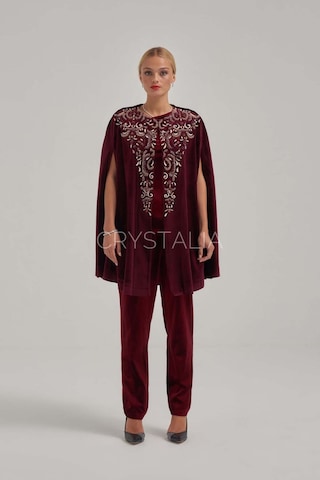 Crystalia Pelerinli Taş Nakış İşlemeli Bordo Kadife Takım Bordo
