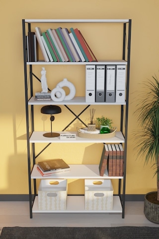 Dekoratif Metal Kitaplık 6 Raflı Kitaplık Dosya Rafı 180 Cm Beyaz