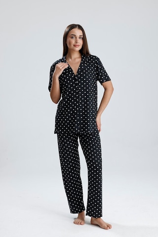 Kompedan Kadın Puantiye Desen Önden Düğmeli Pijama Takım Siyah P. Siyah