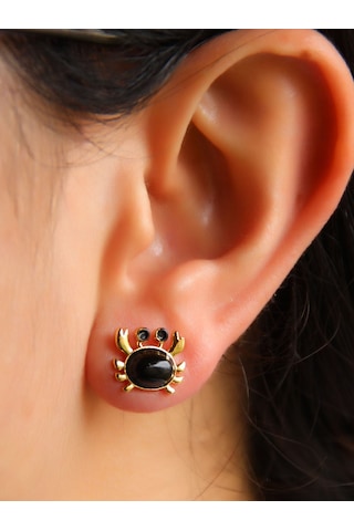 Esha Store Doğal Taş Oniks Doğal Taşlı Yengeç Altın Kaplama Kadın Küpe Euk21o Siyah