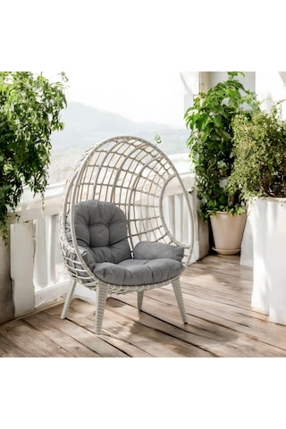 Egg Chair Tekli Rattan Bahçe Koluğu Rehome Minderli Oval Lounge Beyaz