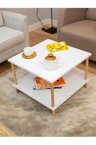 Kare Orta Sehpa Ahşap Ayaklı Sehpa Iki Raflı Sehpa Dekoratif Sehpa Gazetelikli - Beyaz - 60cm X 60cm