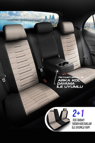 Bej - Siyah Panda Bakü Serısı Keten Kumaş Oto Koltuk Kılıfı - Tam Set