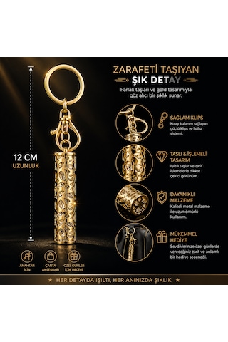 Lüks Taşlı Silindir Anahtarlık Ve Çanta Aksesuarı - Altın Kaplama Premium Hediye Sarı