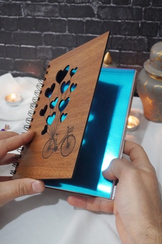 Balonlu Bisiklet Ahşap Defter - Ajanda - A5 Spiralli - Çizgisiz Defter Ahşap Rengi Ceviz Notebook Mavi