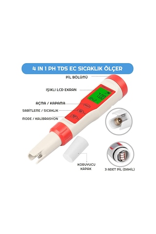 Dijital Ph Ölçer 4'Ü 1 Arada Ph Tds Ec Sıcaklık Test Cihazı