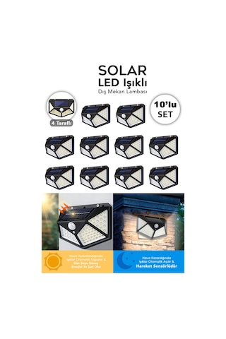 10 Adet Güneş Enerjili Duvar Lambası - Solar 100 Led Işık 3 Modlu Hareket Sensörlü Bahçe Aydınlatma Siyah