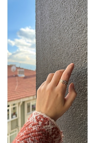 Üç Sıralı Renkli Toplu Kaburga Yüzük Sarı Altın