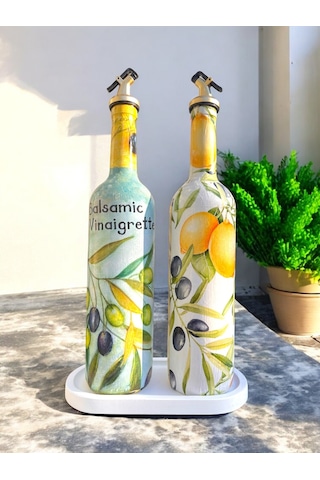 El Yapımı Limon & Zeytin Desenli Cam Yağdanlık & Sirkelik Seti Şık Mutfak Dekoru & Özel Ev Hediyes Beyaz - Kırmızı - Sarı