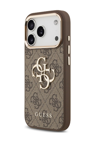 Apple Uyumlu iPhone 17 Pro Max Kılıf Guess Lisanslı Gold Metal Kamera Çerçeveli Metal Büyük 4g Yazı Logolu Kahve