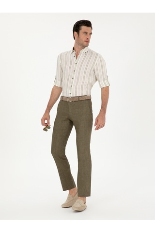 Cacharel Haki Slim Fit %100 Keten Pantolon Yesıl