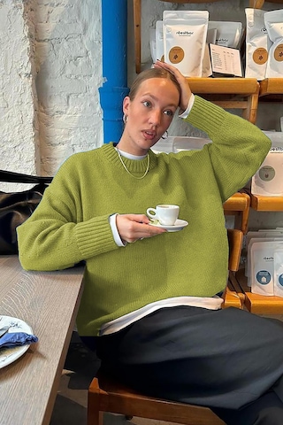 Yağ Yeşili Bisiklet Yaka Oversize Triko Kazak Mg1972 Yağ Yeşili