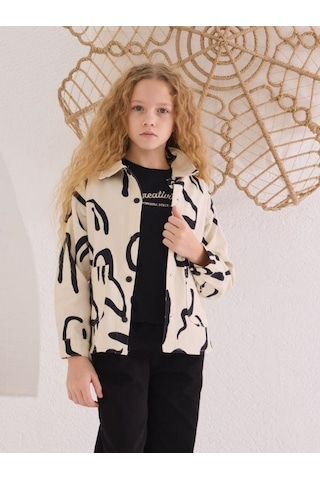 Kız Çocuk Desenli Kot Ceket İçi Tshirt Takım-15505 Krem
