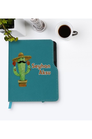 Kişiye Özel Kaktüs Tasarımlı Turkuaz Termo Deri Defter-7 Yeşil