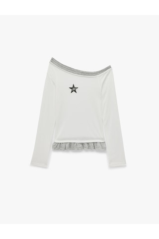 Koton Slim Fit Nakışlı Asimetrik Yaka Katmanlı Fırfırlı Uzun Kollu Kaşkorse Tişört Ekru 7wal10458ık