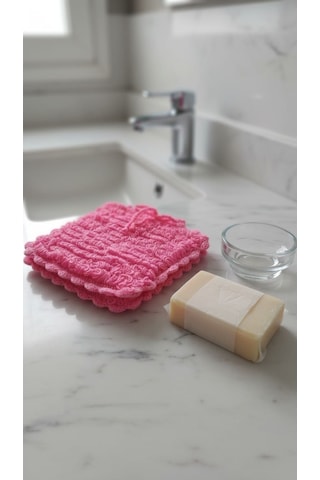 El Yapımı Pembe Orlon Püsküllü Eldiven Banyo Lifi