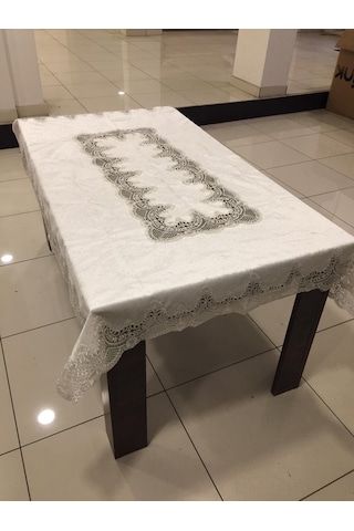 Almila Home Fransız Dantel Kadife 140X180 Masa Örtüsü Bej D18