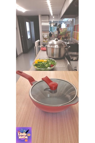 Akdeniz 28 Cm Cam Kapaklı Kırmızı Döküm Derin Tava