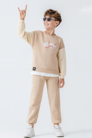 Erkek Çocuk Upper Baskılı 3 İplik Kalın Kışlık Eşofman Takımı Ak4231 Bej