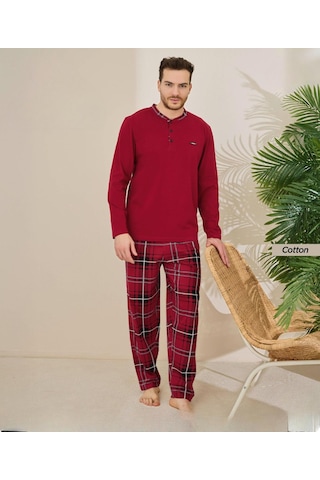Pijamoni Erkek Standart Kalıp Pamuklu Düğme Yaka Uzun Kol Baharlık Pijama Takımı 6300/5kk - 1 Adet Kırmızı