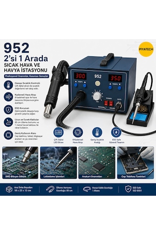 952 Model 2'si 1 Arada Çift Ekranlı Dijital Sıcak Hava Üfleme Ve Lehim Havya İstasyonu Tamir Seti