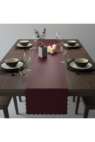4+1 Adet Deri Runner-deri Supla-fırfır Desenli Runner-amerikan Servis 40x140 Cm/33x44 Cm Bordo