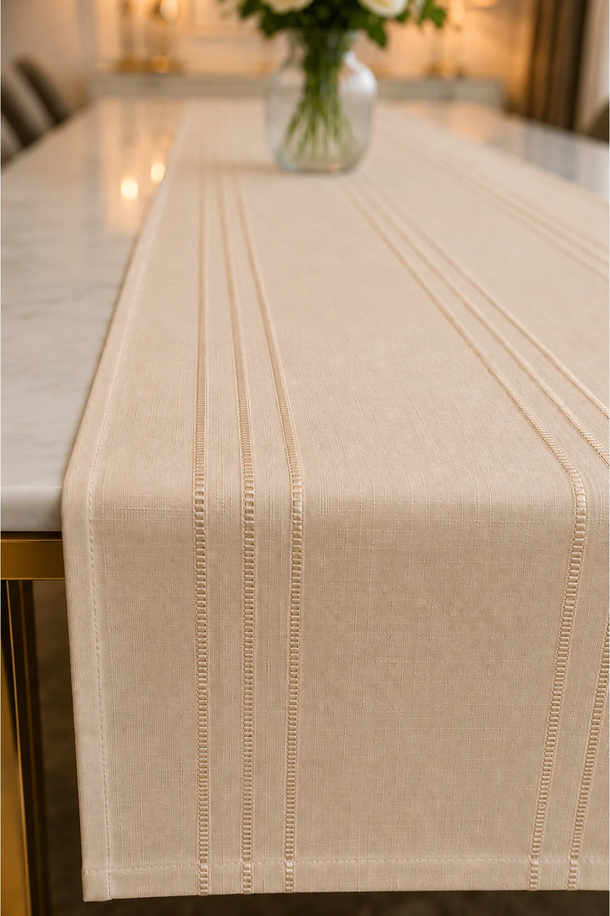 %100 Polyester Dertsiz Leke Tutmaz Şerit Desenli Runner Masa Örtüsü 53x200 Cm Bej