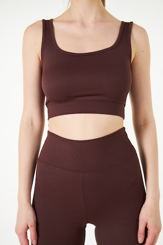 Yeşil Fitilli Kare Yaka Esnek Örme Crop Büstiyer Atlet Kahverengi