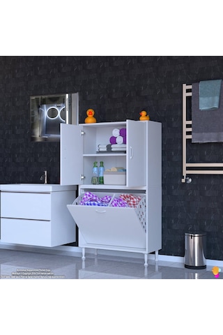 Eliusta Miretta Üst Bölme Kapaklı Altı Kirli Sepetli Dolap 75 Cm Genişlik Beyaz 75x138x32,5 Cm Dolap Beyaz