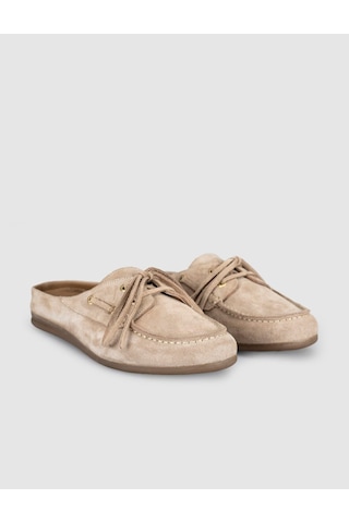 Kadın Süet Deri Bağcıklı Mule Loafer Bej