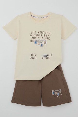 Breeze Erkek Çocuk Şortlu Takım Grafiti Yazı Baskılı 8-14 Yaş , Krem