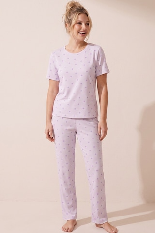 Siyah İnci Pamuklu Fitilli Kaşkorse Örme Pijama Takım 26120402 Lila Mor Çiçek