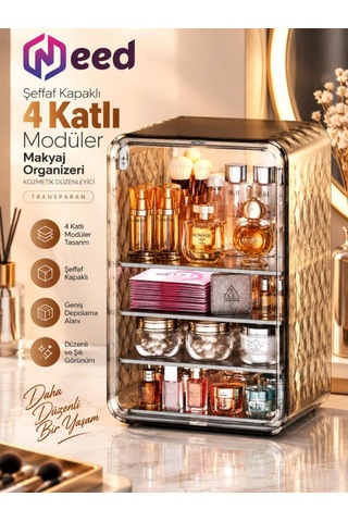 Need Dolap Tasarımlı Şeffaf Kapaklı Makyaj Organizeri Gold Transparan - Nd-8095-tpb