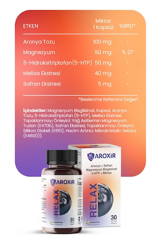 Aroxir Relax Uyku Desteği Aronya, Magnezyum Bisglisinat, 5- Htp, Melisa Ve Safran 30 Kapsül