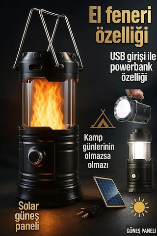 Şarj Edilebilir Güneş Enerjili Taşınabilir Fener Alev Ateş Modlu Kamp Feneri Led El Feneri Siyahgoldmavi