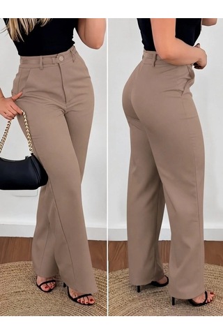 DefyModa Kadın Yüksek Bel Kemersiz Atlas Pantolon Sütlü Kahve